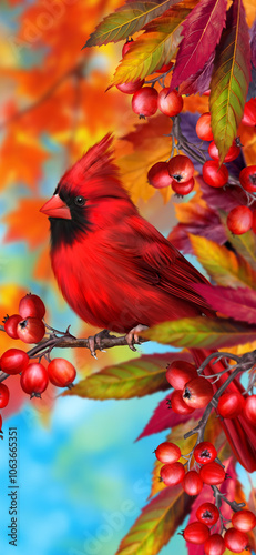 Autumn bright colorful background, red cardinal bird sitting on branches of yellow leaves, bunches of ripe berries, blue sky, beautiful foliage