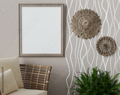 Mockup, template, discreet scandinavian minimalist interior, rattan furniture, wicker straw plates on the wall, frame for painting, poster, photo, 3d rendering