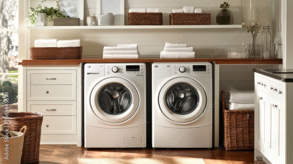 Modern Laundry Room with Clean Appliances and Towels Modern Laundry Room with Clean Appliances and Towels