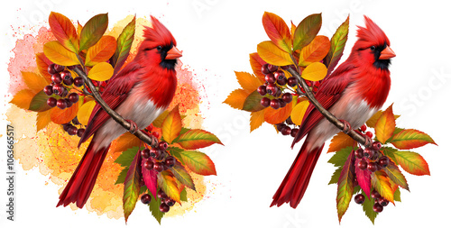 Autumn elegant background, cardinal bird sitting on a branch of an autumn tree, yellow foliage, red berries, 3d rendering, isolated on white background