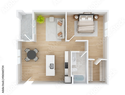 High-resolution 3D floor plan of a modern one-bedroom apartment in top view, featuring living room, kitchen, bedroom, bathroom, and balcony. Ideal for real estate and architecture presentations.