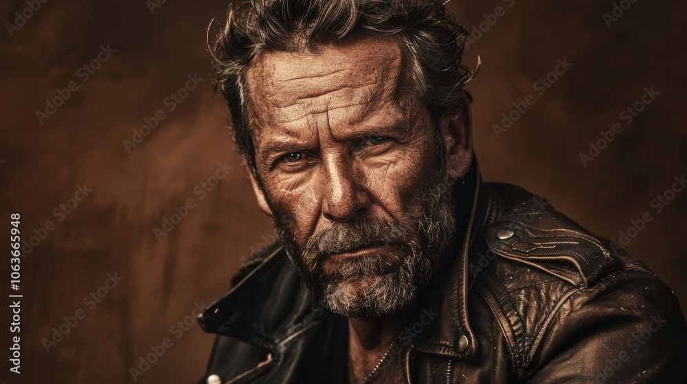 Ruggedly Handsome Middle-Aged Man in Leather Jacket with Dramatic Lighting Against Dark Brown Background Ruggedly Handsome Middle-Aged Man in Leather Jacket with Dramatic Lighting Against Dark Brown Background