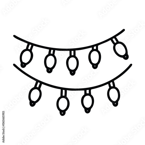 Black and white Christmas lights icon, Simple black and white illustration of Christmas string lights, representing holiday decor, seasonal celebration, and festive cheer. 