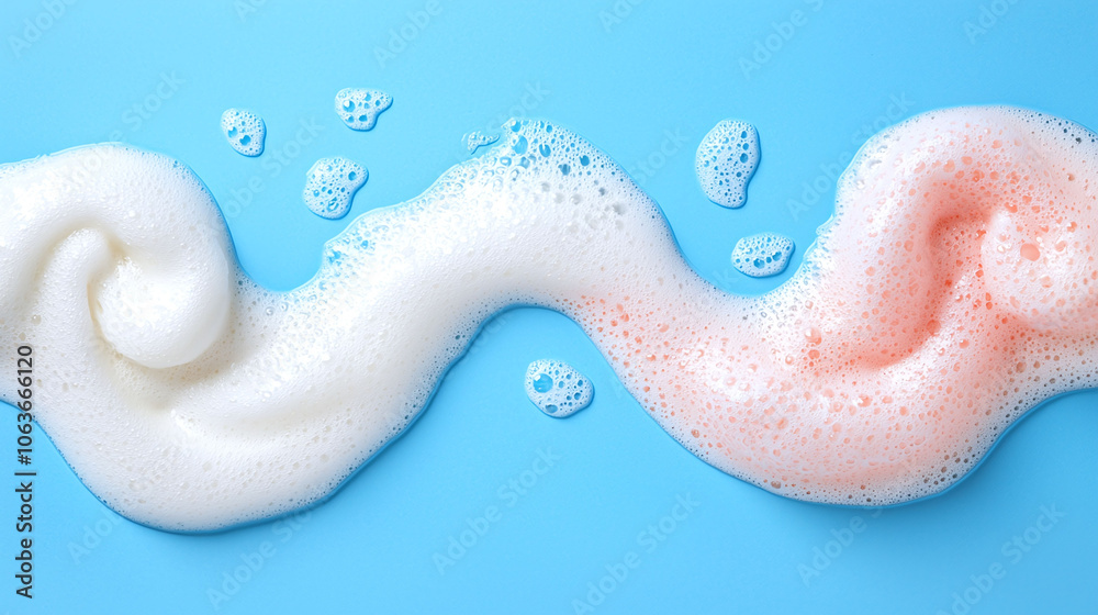Obraz premium Swirling foam in white and pink colors on blue background creates playful scene