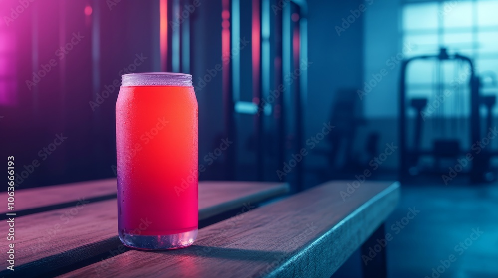 A vibrant, chilled beverage can sits on a wooden bench, illuminated by colorful lights, suggesting a lively atmosphere. A vibrant, chilled beverage can sits on a wooden bench, illuminated by colorful lights, suggesting a lively atmosphere.