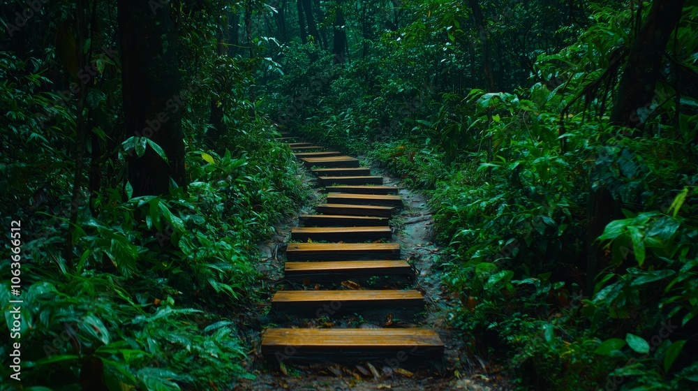 Pathway Through Dense Forest with Wood Steps Pathway Through Dense Forest with Wood Steps