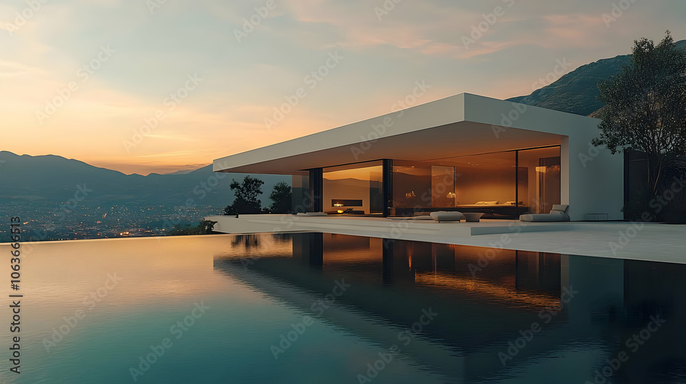 Modern Minimalist House with Infinity Pool at Dusk - 3D Illustration Modern Minimalist House with Infinity Pool at Dusk - 3D Illustration