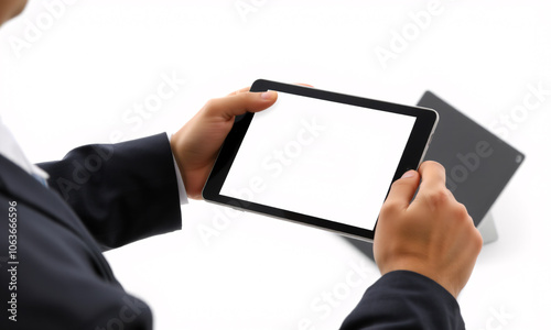 A stylized shot of a tablet being held by a businessperson on a white background photo