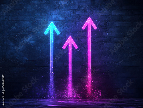 Bright arrows pointing upward symbolize growth and success in dynamic, colorful design. vibrant blue and pink colors create energetic atmosphere, perfect for financial or motivational themes photo