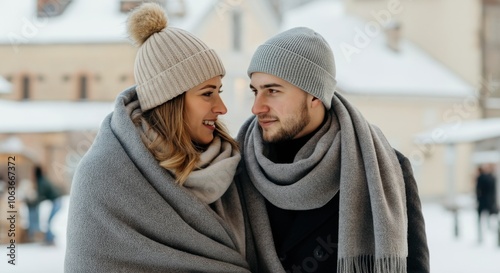 Cozy winter moment with smiling couple in love