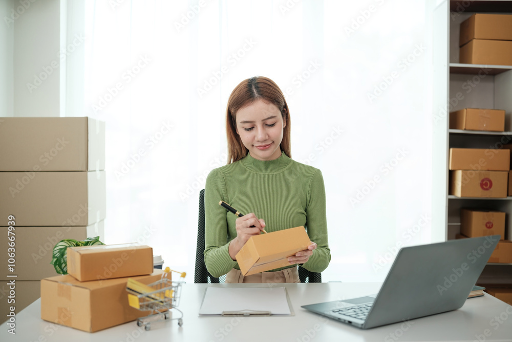 A woman is sitting at a desk with a laptop and a stack of cardboard boxes A woman is sitting at a desk with a laptop and a stack of cardboard boxes