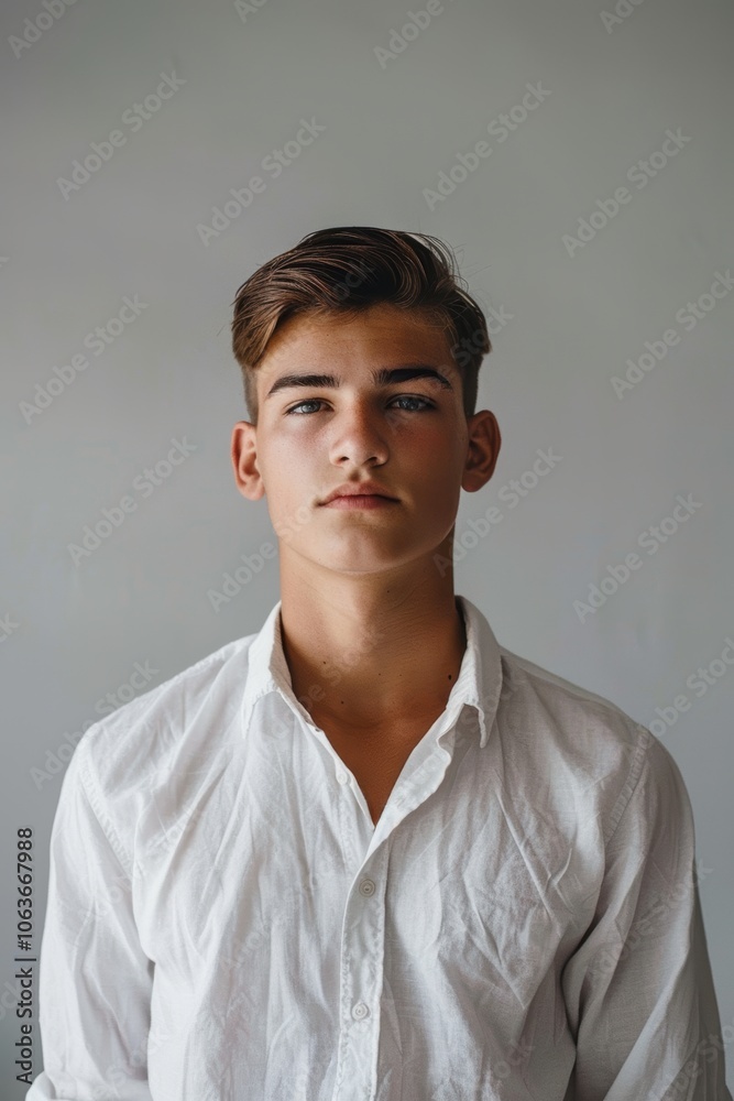 Minimalist Portrait of Young Man in White Shirt Against Gray Background Minimalist Portrait of Young Man in White Shirt Against Gray Background
