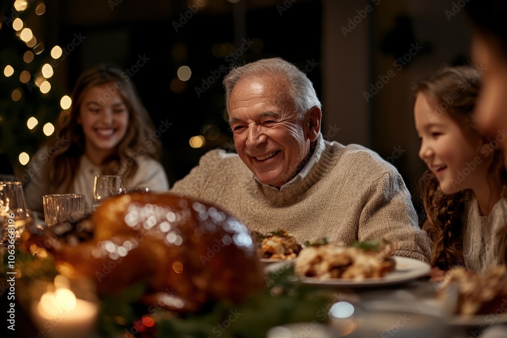 A joyful family gathers around a table for a festive meal, highlighting love, warmth, and togetherness. Christmas decorations twinkle in the background cheerfully. A joyful family gathers around a table for a festive meal, highlighting love, warmth, and togetherness. Christmas decorations twinkle in the background cheerfully.