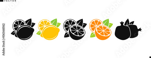 Organic food vector. Citrus fruit icon set. Isolated lemon lime pomegranate tangerine and orange fruit on white background. Vegan food sign 