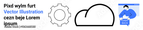 Gear and cloud icons, person with cashback coupon in browser window. Ideal for technology, web services, cloud solutions, software development, e-commerce, digital marketing, financial services