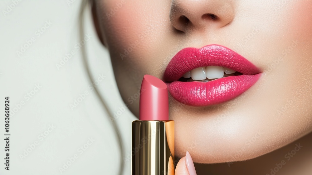 Obraz premium Close-up of woman's lips with vibrant pink lipstick and golden case beauty cosmetic makup skincare