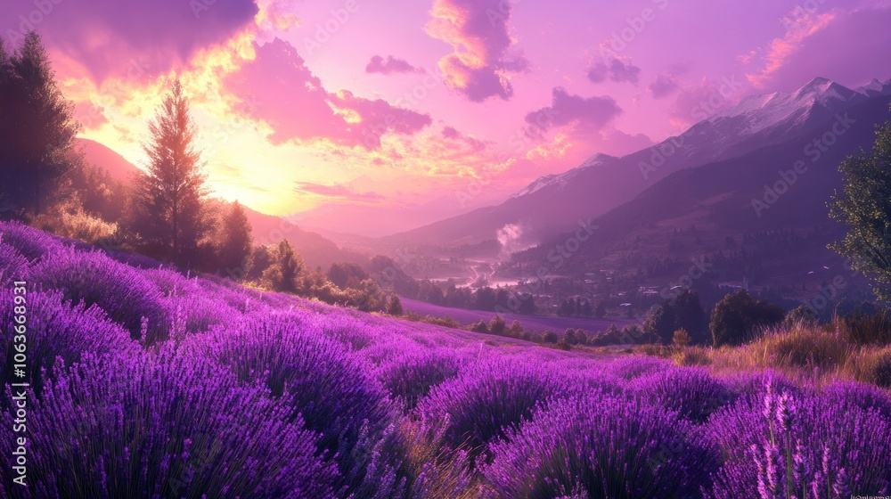 A stunning sunset illuminates a field of lavender, with mountains and a village in the distance. A stunning sunset illuminates a field of lavender, with mountains and a village in the distance.