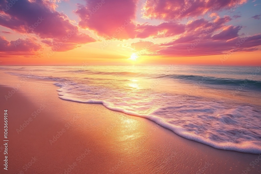 Fototapeta premium Golden Sunset Over Ocean Beach Waves