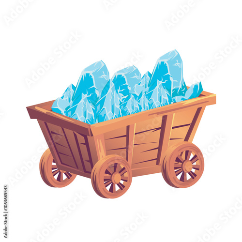 Mining cart with blue crystals in flat design. Wooden wheelbarrow with gems. Vector illustration isolated.