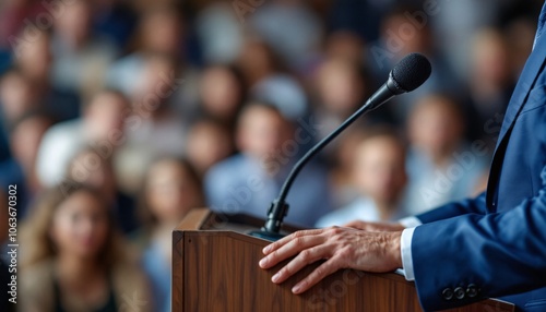 public speaking, election speech, Democratic election, Election campaign, presidential candidate delivering, politician stands, Background With Copy-Space photo