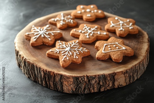 Festive Gingerbread Cookies with White Icing on Wooden Cutting Board