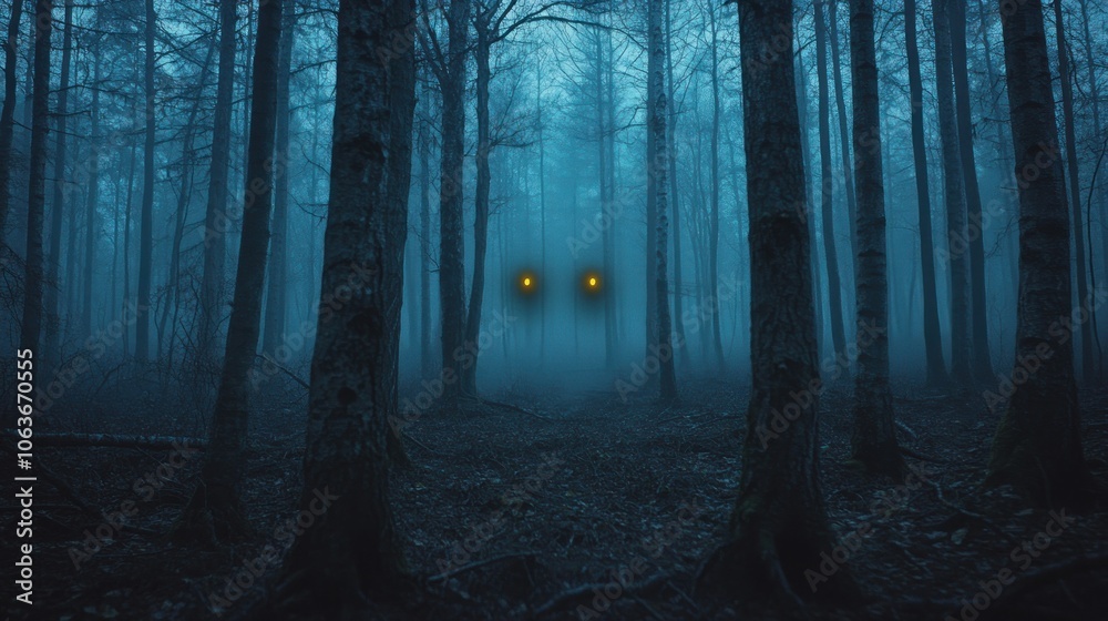 Fototapeta premium Two glowing eyes peer through the dense fog of a dark, mysterious forest.