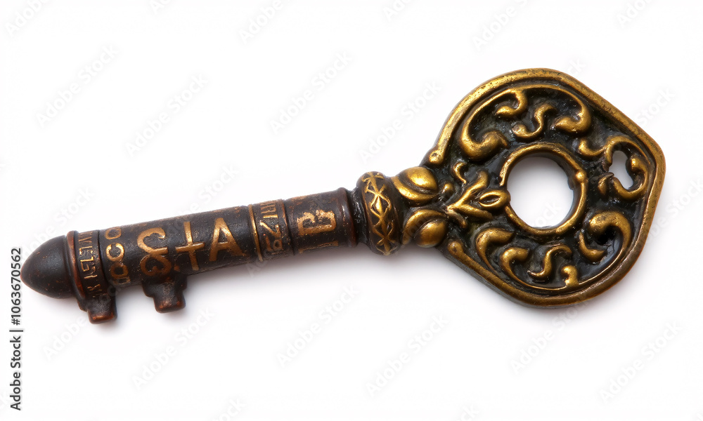 An antique key with an ornate design isolated on a white background An antique key with an ornate design isolated on a white background