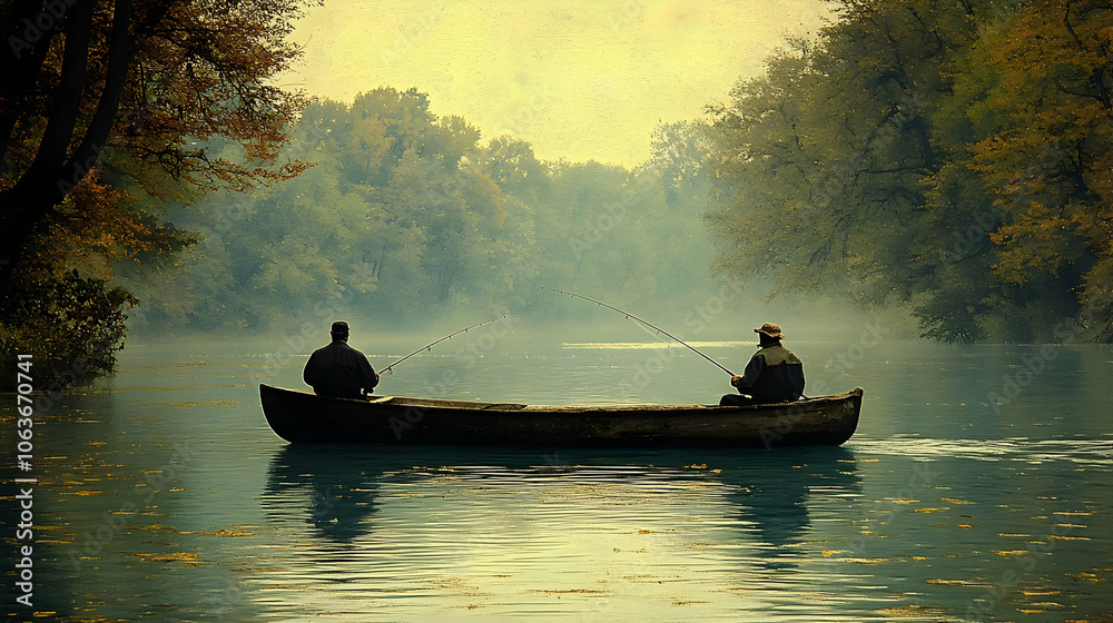 Two Fishermen in a Boat on a Foggy Lake - Illustration Two Fishermen in a Boat on a Foggy Lake - Illustration