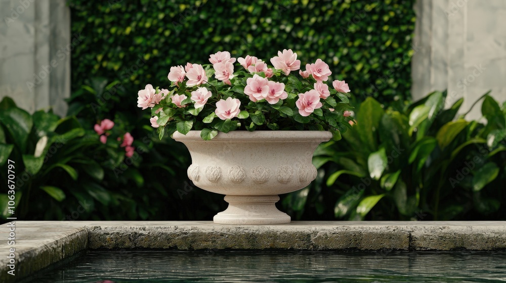 A serene garden scene featuring a stone planter with pink flowers, surrounded by lush greenery and reflecting water. A serene garden scene featuring a stone planter with pink flowers, surrounded by lush greenery and reflecting water.