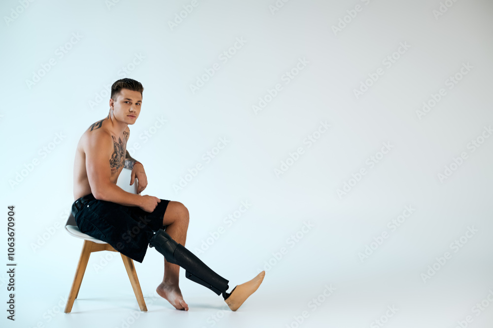 A young man with tattoos sits elegantly in a minimalistic studio, showcasing his prosthetic leg with pride. A young man with tattoos sits elegantly in a minimalistic studio, showcasing his prosthetic leg with pride.