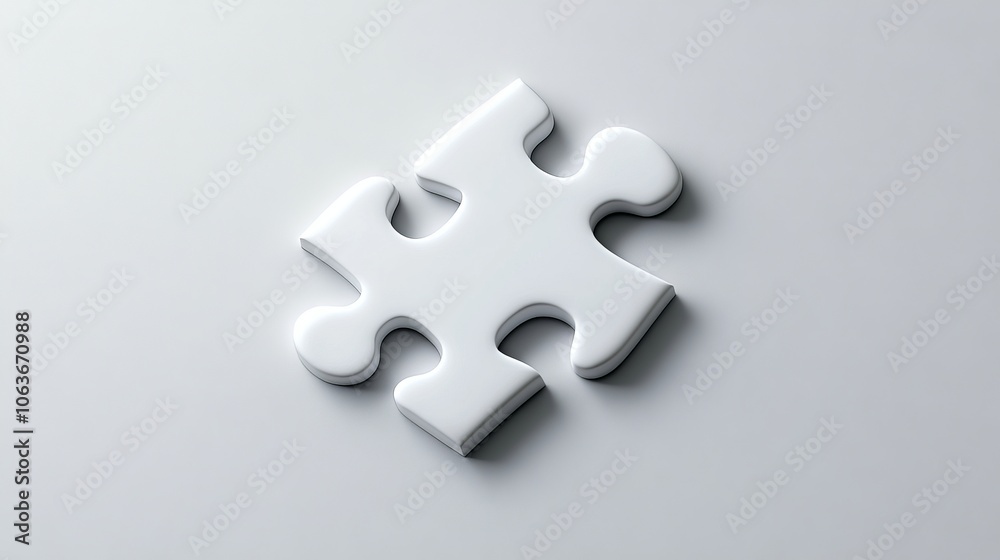 White Puzzle Piece: Minimalist design of a single, isolated white puzzle piece. Clean lines and subtle shadowing create a sense of simplicity and focus. Perfect for presentations on solutions. White Puzzle Piece: Minimalist design of a single, isolated white puzzle piece. Clean lines and subtle shadowing create a sense of simplicity and focus. Perfect for presentations on solutions.