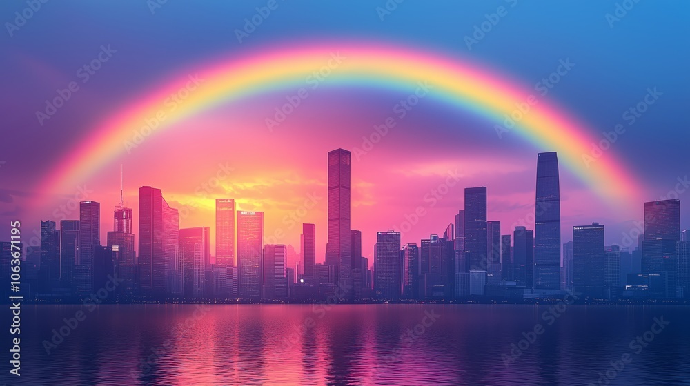 Naklejka premium Rainbow Arching Over City Skyline at Dusk
