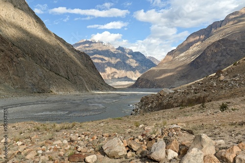 View of Braldu River valley and Bakhor Das Peak 5,809 meters high, trekking from Jhula camp to Paju camp. Karakoram Mountains. Gilgit-Baltistan region. Pakistan. Asia. photo