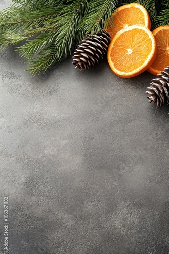 Fresh oranges pine cones on textured background photo