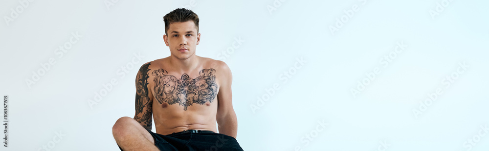 Fototapeta premium A young tattooed man sits in a studio, showcasing his unique tattoos in an empowering pose.