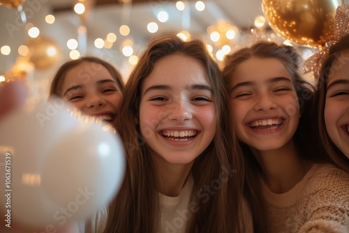 A group of girls smiling joyously, adorned with balloons and surrounded by a blur of festive lights, capturing the enthusiasm and energy of youthful celebration.