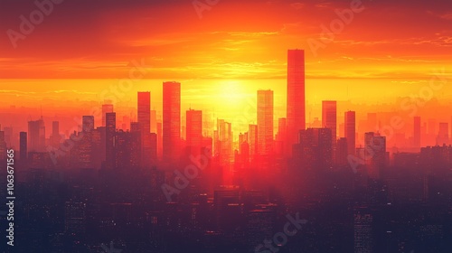 Sunrise Over Urban Skyline with Skyscrapers