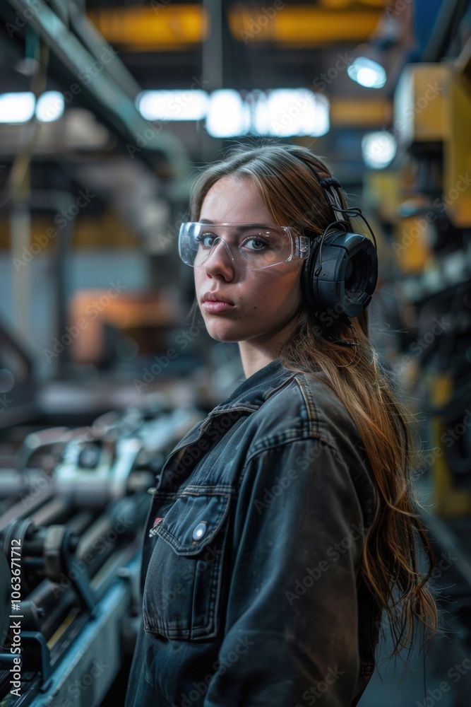 Focused Female Manufacturing Worker with Ear Protection and Safety Goggles in Factory Setting Focused Female Manufacturing Worker with Ear Protection and Safety Goggles in Factory Setting