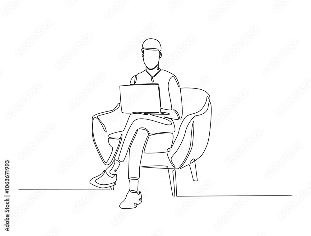 Continuous one line drawing of man siitting in cozy armchair working on laptop. Man is working in chair with a notebook single line art vector illustration. Editable vector. Continuous one line drawing of man siitting in cozy armchair working on laptop. Man is working in chair with a notebook single line art vector illustration. Editable vector.