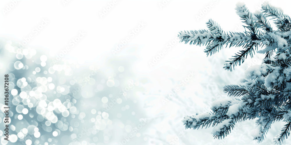 Obraz premium Snow-covered pine branch against a soft, white background.