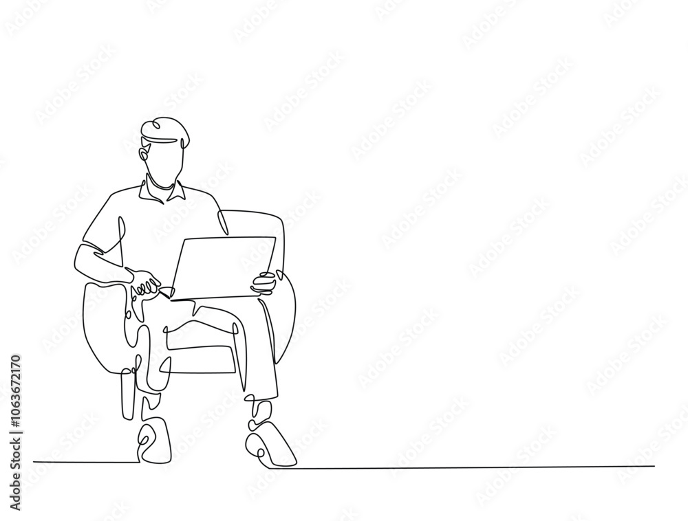 Continuous one line drawing of man siitting in cozy armchair working on laptop. Man is working in chair with a notebook single line art vector illustration. Editable vector. Continuous one line drawing of man siitting in cozy armchair working on laptop. Man is working in chair with a notebook single line art vector illustration. Editable vector.