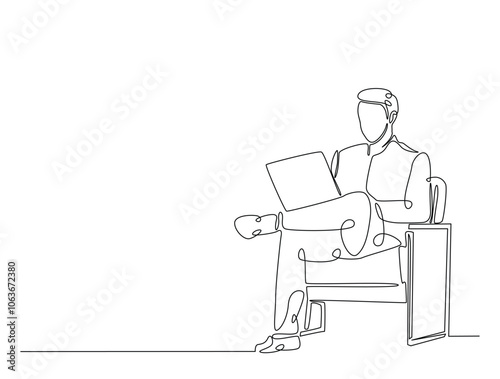 Continuous one line drawing of man siitting in cozy armchair working on laptop. Man is working in chair with a notebook single line art vector illustration. Editable vector.