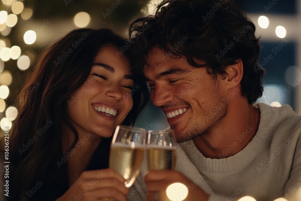 Amidst cozy lights and a cheerful ambiance, a warm couple enjoys a toast, perfectly capturing the intimate connection and shared happiness in this festive occasion. Amidst cozy lights and a cheerful ambiance, a warm couple enjoys a toast, perfectly capturing the intimate connection and shared happiness in this festive occasion.