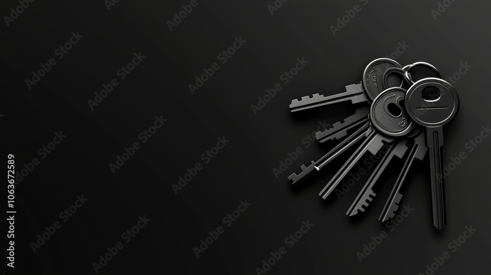 Black Keys on Black Background: A minimalist, high-contrast image of a set of black keys laid out on a dark background. The image evokes feelings of mystery, security, and access. Black Keys on Black Background: A minimalist, high-contrast image of a set of black keys laid out on a dark background. The image evokes feelings of mystery, security, and access.
