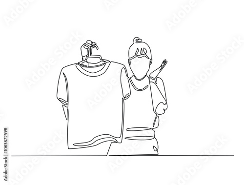 Continuous one line drawing of woman holding clothes on hangers. Shop assistant holding hangers with clothes single line draw vector illustration. Editable vector.