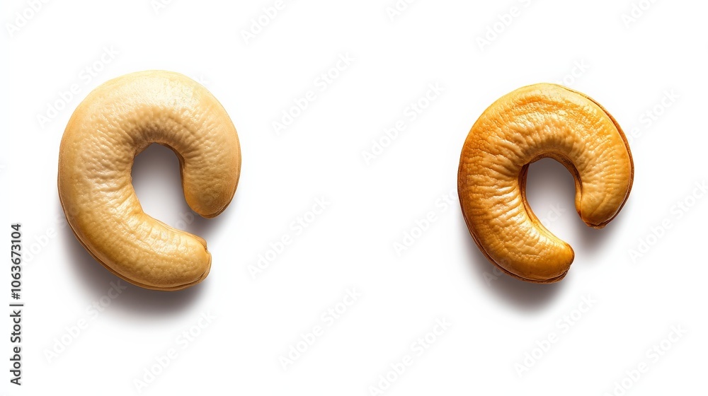 Roasted and Raw Cashews: A close-up shot showcasing the subtle color difference between raw and roasted cashews. Perfect for food blogs, packaging, and culinary websites. Roasted and Raw Cashews: A close-up shot showcasing the subtle color difference between raw and roasted cashews. Perfect for food blogs, packaging, and culinary websites.