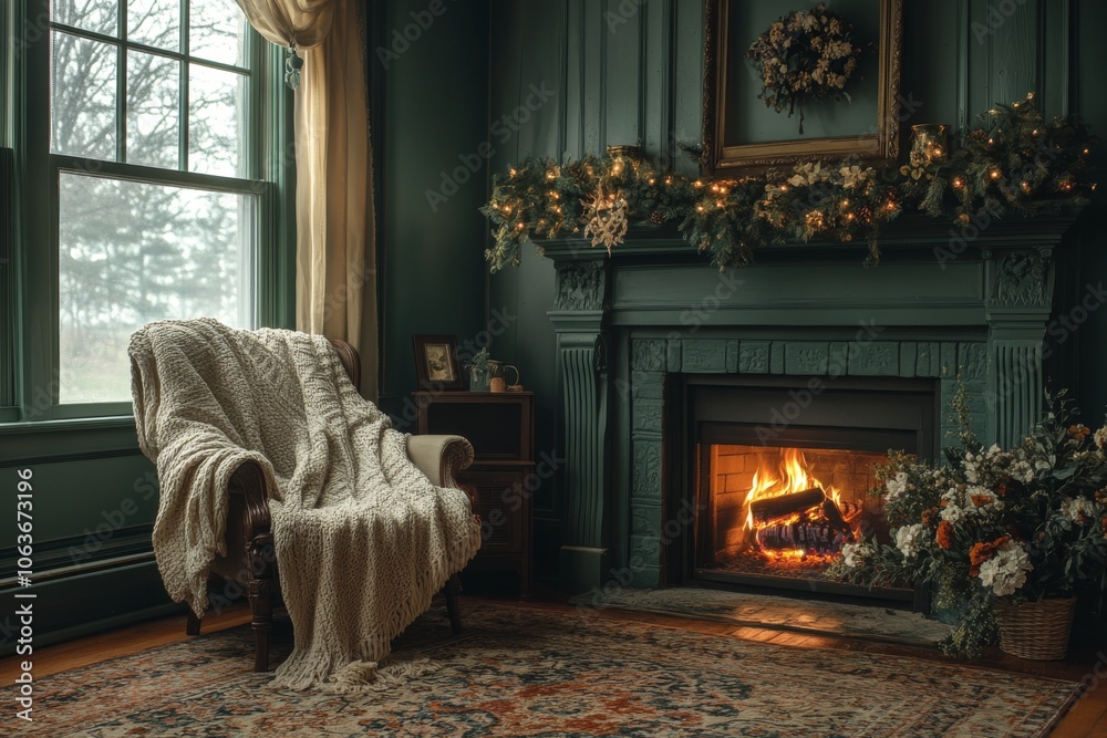 Fototapeta premium Cozy Fireplace Room with Christmas Decor and Blanket on Chair