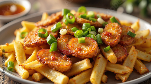 Spicy potatoes and fries with green onions photo