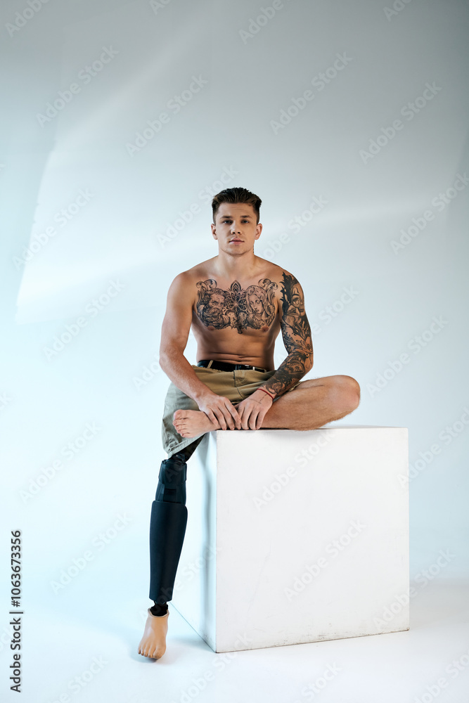 A tattooed young man sits on a cube, showcasing his prosthetic leg while exuding confidence in a studio. A tattooed young man sits on a cube, showcasing his prosthetic leg while exuding confidence in a studio.
