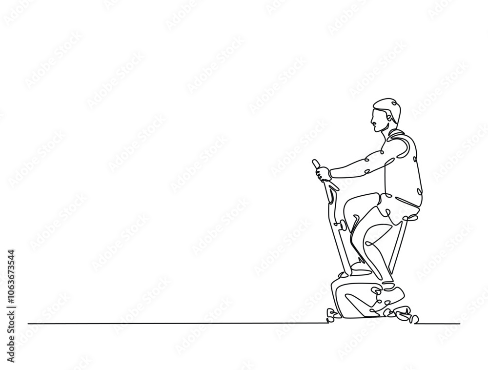 Continuous one line drawing of man riding stationary bike. Cardio exercise using gym equipment single line draw vector illustration. Editable vector. Continuous one line drawing of man riding stationary bike. Cardio exercise using gym equipment single line draw vector illustration. Editable vector.